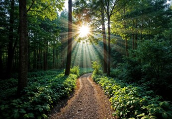 Serene Forest Path Illuminated by Sunbeams Through Lush Green Foliage