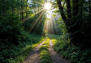 Serene Forest Path Illuminated by Sunbeams Through Lush Green Foliage