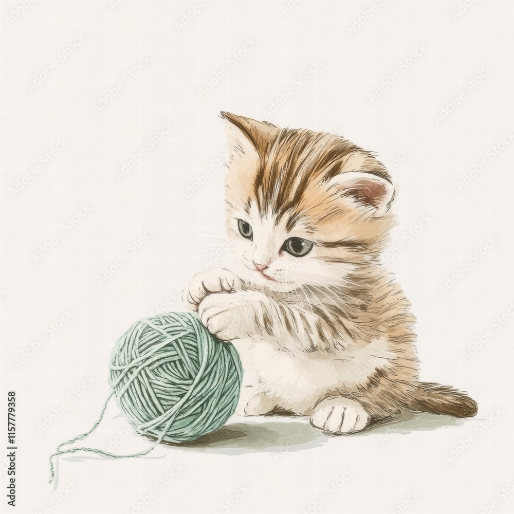 Poster Cute kitten joyfully playing with a ball of yarn in a cozy indoor setting with plenty of space for design elements. Generative AI