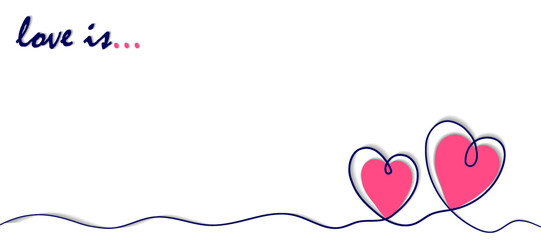 vector features the handwritten phrase love is at the top left corner, with two intertwined red hearts outlined in black at the bottom right. The white background provides ample space for text