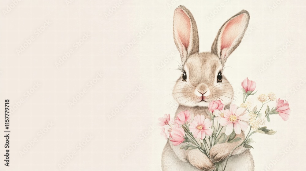 Aufkleber cuddly rabbit with bouquet of flowers perfect for mock up and creative projects showcasing springtim