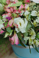Bouquet of flowers with hydrangea, alstroemeria, poppy, eustoma and greenery