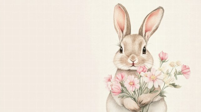 Cuddly rabbit with bouquet of flowers perfect for mock up and creative projects showcasing springtime joy and warmth. Generative AI - Powered by Adobe