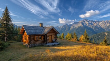 Secluded log cabin in majestic mountain scenery during autumn.