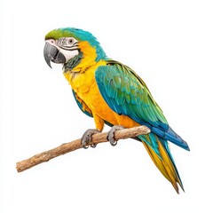 Fototapeta premium A vibrant blue and yellow parrot perched on a branch, showcasing its stunning feathers and expressive features.