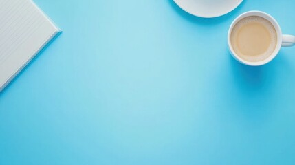 Coffee Cup and Notebook on Bright Blue Table for Creative Work Setup