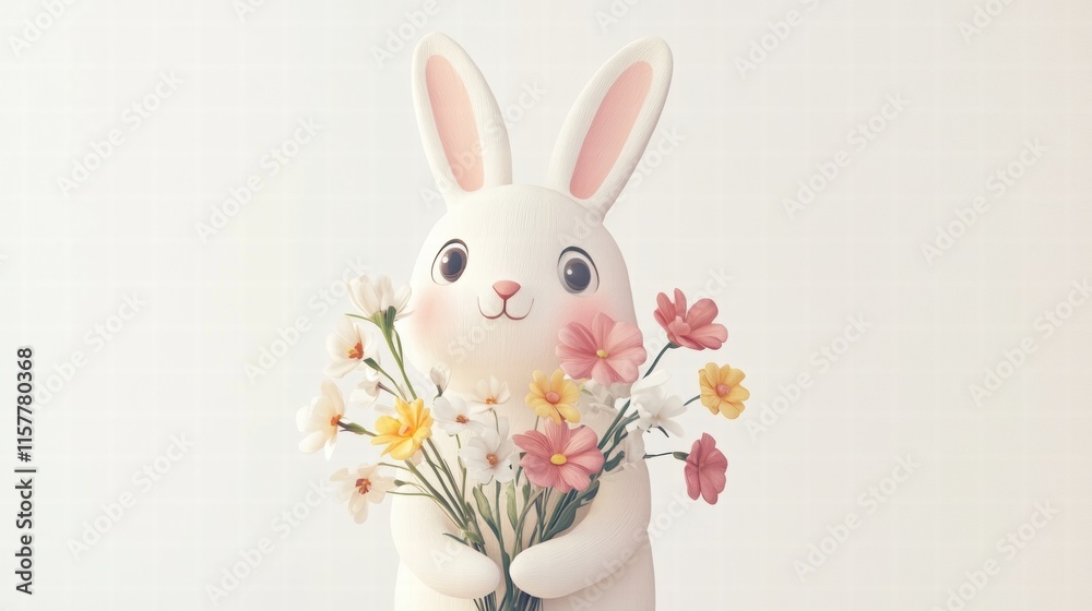 Poster Cuddly rabbit holds a vibrant bouquet of flowers in a bright, inviting setting with space for text. Generative AI