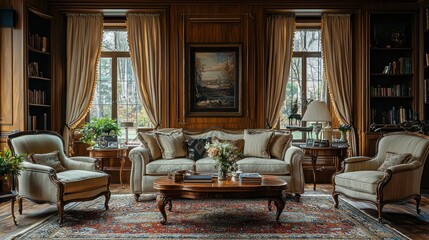 Classic living room with wood-paneled walls, elegant curtains, and antique furniture.