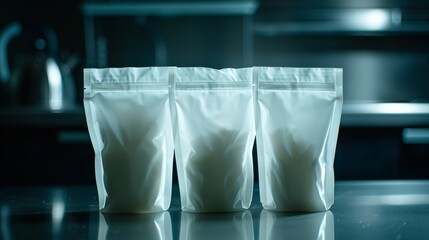 Night photography of three white stand up pouches for packaging mockup and branding display