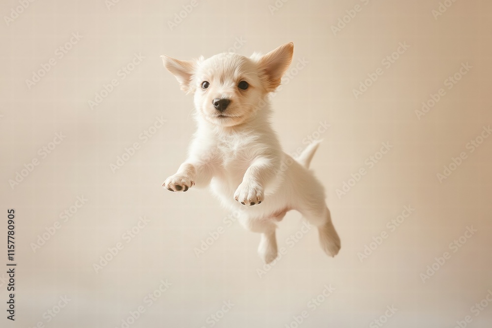Aufkleber joyful puppy jumping playfully in mid air with plenty of space for creative designs and text placeme