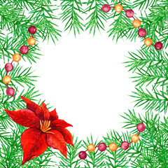 Festive frame with poinsettia and pine branches for Christmas decoration. Isolated on white background. Hand drawn. Watercolor vintage illustration. Cozy atmosphere of Christmas, New Year