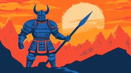 Obraz premium Armored Warrior Against Sunset Sky in Bold Graphic Style Illustration