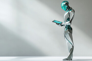 A futuristic chrome robot uses a tablet computer, standing against a minimalist background.