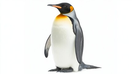 Fototapeta premium A striking penguin adorned with a black cap, vibrant orange ear patch, and a pale yellow chest. Its immaculate white belly contrasts beautifully with its distinctive coloration