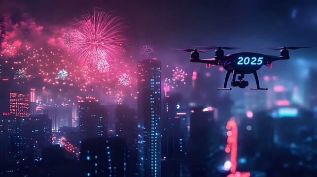 A dynamic drone display above a glowing city as fireworks burst around and a vibrant text 2025 on a banner hovers in the sky