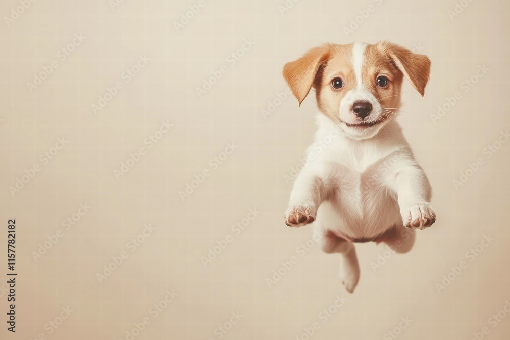 Aufkleber Joyful puppy leaps in mid air against a light background with space for text or branding. Generative AI