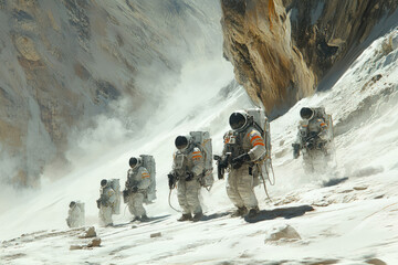 A group of astronauts traverse a snowy, mountainous alien landscape, kicking up dust as they ascend.