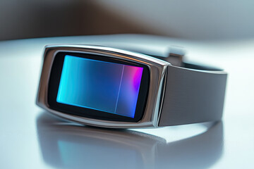 Sleek metallic smartwatch with vibrant rectangular display showcasing gradient color scheme.