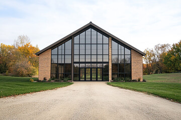 A modern, minimalist wedding venue in the Midwest with large windows and glass doors on an autumn day. The front of it is made from brick, there's a long driveway leading up to its entrance.