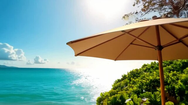 A beautiful beach with turquoise water, white sand, palm trees, lounge chairs, and an umbrella under a clear, sunny sky with fluffy clouds. Concept of tropical tranquility. Beach vacation concept 
