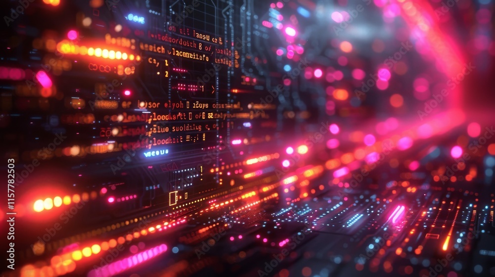 Poster develop a collection of neon coding symbols, featuring illuminated code