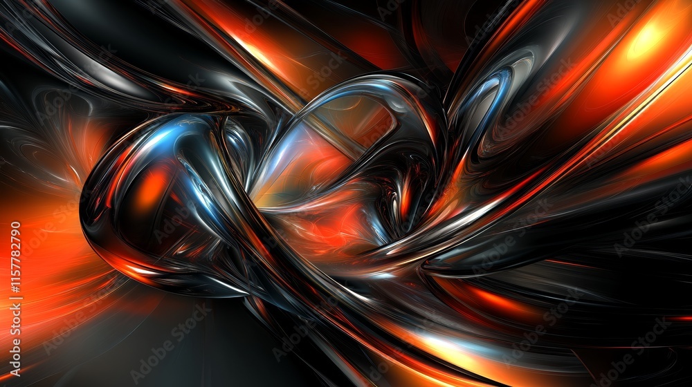 Poster abstract 3d render of flowing metallic shapes in dark orange and black.