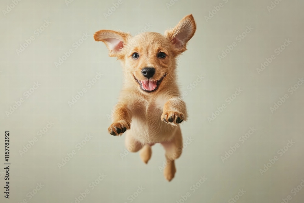 Aufkleber Joyful puppy leaps joyfully in mid air with bright expression and open space for creative text placement. Generative AI