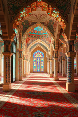 Obraz premium A long hallway with arches and stained glass windows in a building