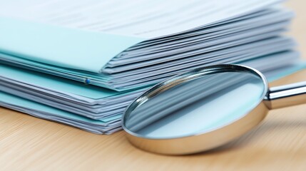Stack of Documents with Magnifying Glass on Wooden Table in Office Setting