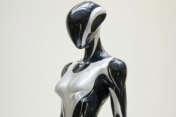 Sleek, futuristic female robot sculpture; polished black and silver body, elegant pose.