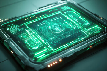 Futuristic technology interface with glowing green circuits and digital data displayed on a sleek device.