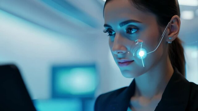 In a sleek and futuristic environment, a professional woman examines advanced technology on her tablet. Illuminated by digital effects, she showcases the intersection of innovation and daily tasks.