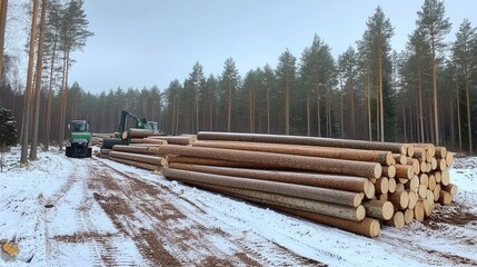 Fototapeta premium Timber Harvesting with Heavy Machinery in Snowy Forest Environment