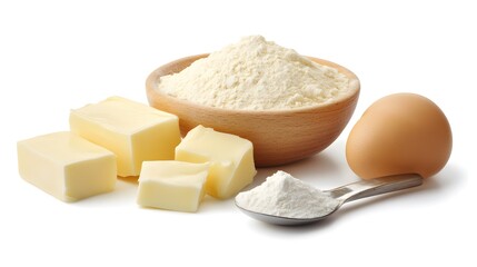 A wooden bowl filled with flour, cubes of butter, a spoonful of flour, and an egg are arranged on a white background. Perfect for baking recipes or culinary themes.
