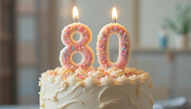 Elegant Eightieth Birthday Cake with Cream Icing and Lit Candles, Bright 80 Years Background