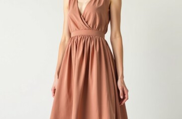 Fototapeta premium closeup on elegant woman in sleeveless mocha mousse colored dress. fashion concept for casual wear and boutique advertisement.