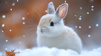 Adorable white bunny rabbit sitting in snow, snowflakes falling.