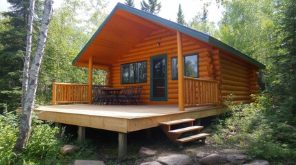 Cozy Log Cabin Retreat Surrounded by Lush Green Forest Landscape