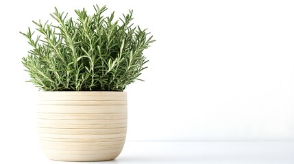 A lush rosemary plant thrives in a light beige, horizontally striped, cylindrical pot. The vibrant green herb contrasts beautifully against the simple pot and white background.
