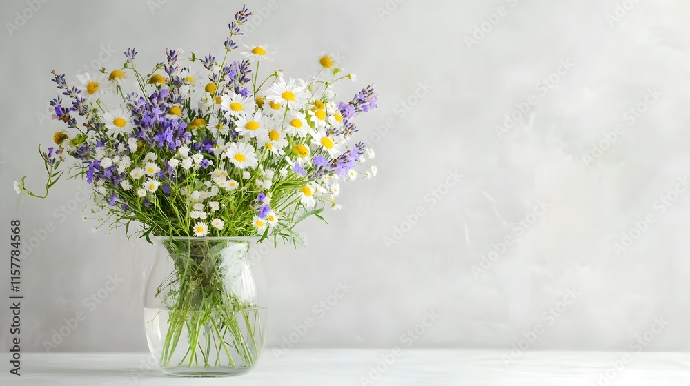 Canvas Prints A charming bouquet of daisies and lavender in a clear glass vase sits against a soft gray backdrop. The wildflowers create a serene and rustic feel, perfect for adding a touch of nature to any space.