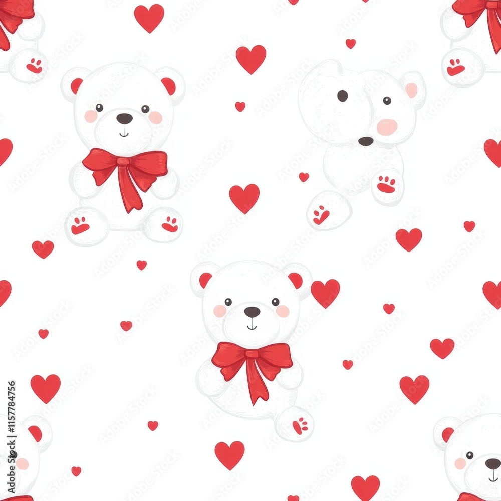 Poster cute polar bears with red bows and hearts on a white background for playful designs and decorations.