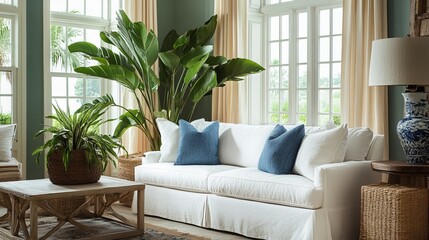 An inviting living area boasts a timeless white couch, complemented by graceful plants and decorative accents adorning a side table