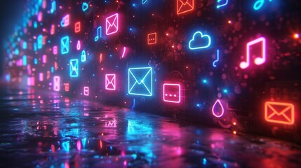 Obraz premium Craft a neon display of communication symbols, featuring illuminated emails