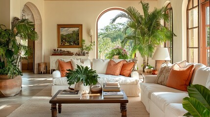 Fototapeta premium An inviting living area boasts a timeless white couch, complemented by graceful plants and decorative accents adorning a side table