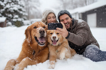 A family trying to take a selfie in the snow, but their dog jumps into the shot, creating chaos