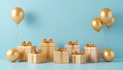 Elegant Gift Boxes with Gold Ribbons and Balloons on Blue Wall Background