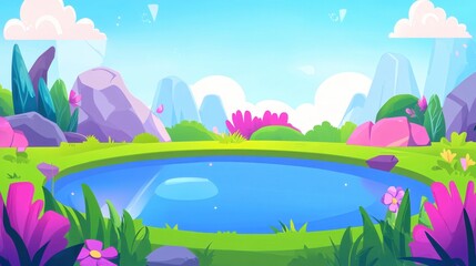 Obraz premium Serene Cartoon Landscape with Blue Pond and Colorful Floral Elements