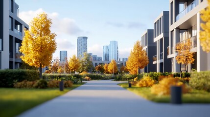 Stunning Autumnal Cityscape: Crisp 3D Render of Modern Residential Street. AI Generated