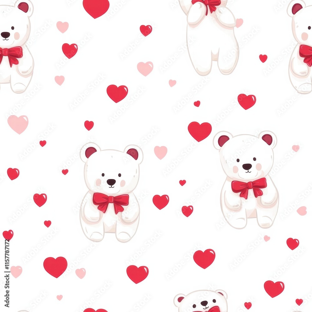 Poster cute white bears with red bows among hearts on a playful background perfect for design mockups and c