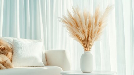 Close-up Photo: Serene Pampas Grass Arrangement in Modern Living Room. AI Generated